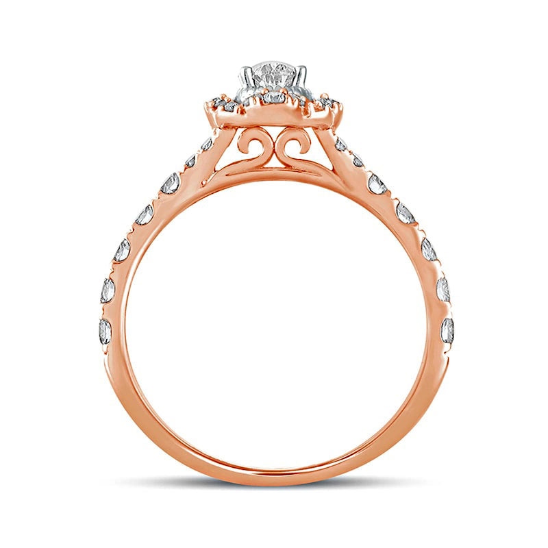 1.0 CT. T.W. Oval Natural Diamond Scallop Frame Antique Vintage-Style Engagement Ring in Solid 14K Rose Gold