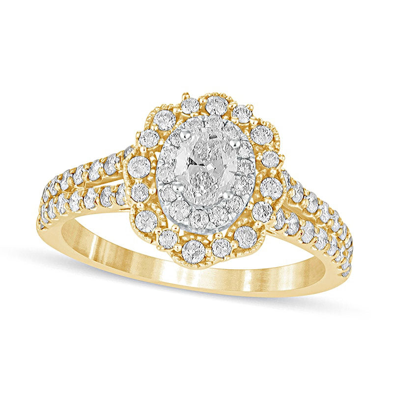 1.0 CT. T.W. Oval Natural Diamond Double Scallop Frame Antique Vintage-Style Engagement Ring in Solid 14K Gold