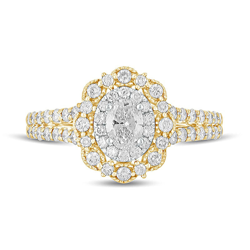 1.0 CT. T.W. Oval Natural Diamond Double Scallop Frame Antique Vintage-Style Engagement Ring in Solid 14K Gold