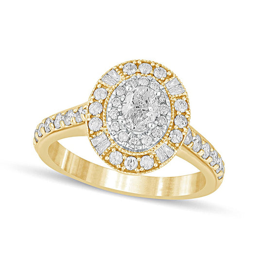 1.0 CT. T.W. Oval Natural Diamond Double Frame Antique Vintage-Style Engagement Ring in Solid 14K Gold