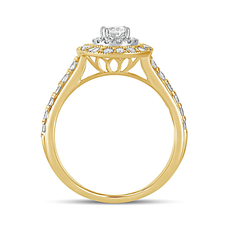 1.0 CT. T.W. Oval Natural Diamond Double Frame Antique Vintage-Style Engagement Ring in Solid 14K Gold