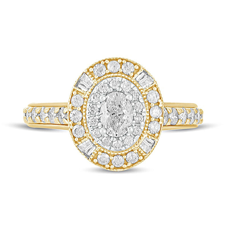 1.0 CT. T.W. Oval Natural Diamond Double Frame Antique Vintage-Style Engagement Ring in Solid 14K Gold