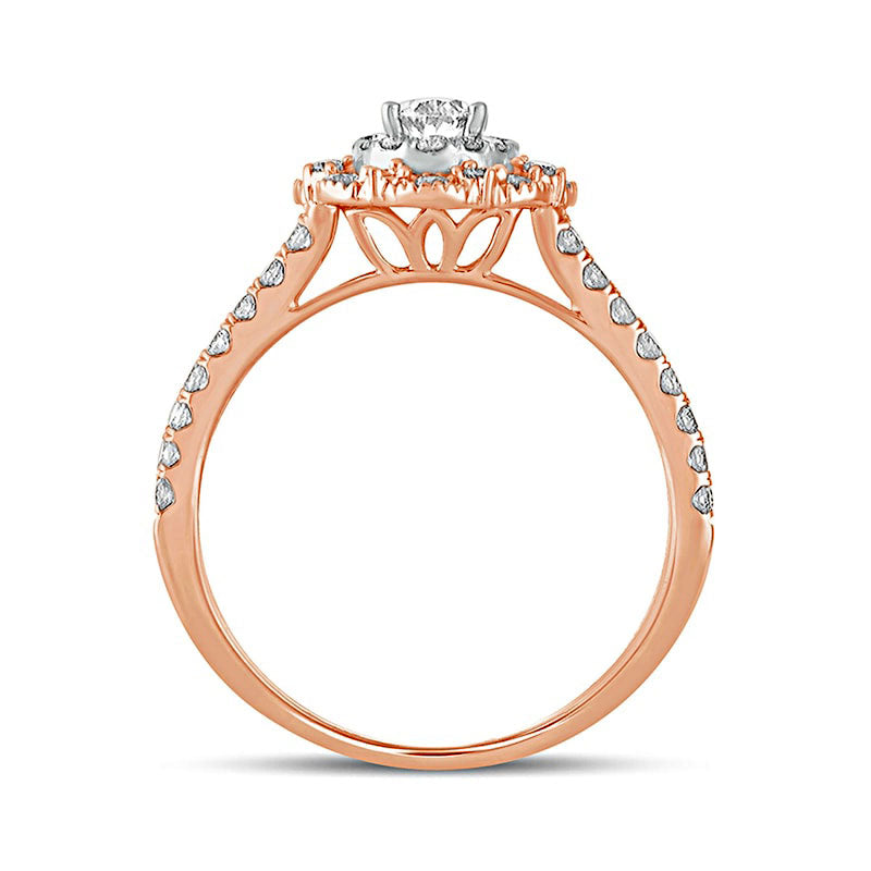 1.0 CT. T.W. Oval Natural Diamond Double Scallop Frame Antique Vintage-Style Engagement Ring in Solid 14K Rose Gold