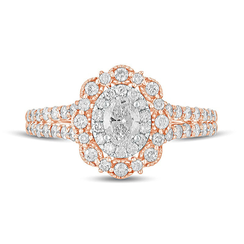 1.0 CT. T.W. Oval Natural Diamond Double Scallop Frame Antique Vintage-Style Engagement Ring in Solid 14K Rose Gold