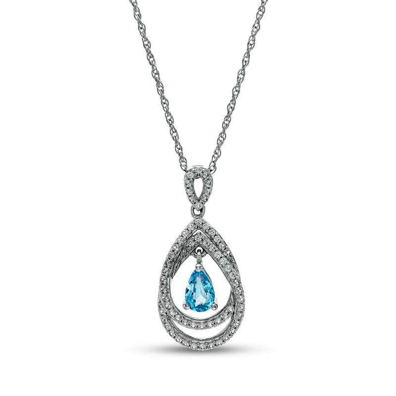 Pear-Shaped Swiss Blue Topaz and White Lab-Created Sapphire Double Loop Open Frame Teardrop Pendant in Sterling Silver