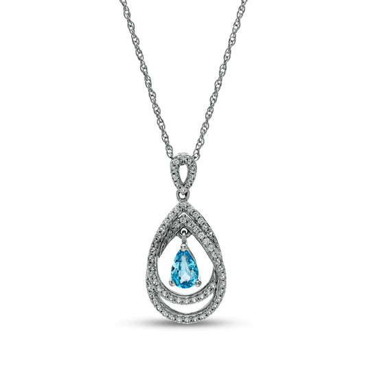 Pear-Shaped Swiss Blue Topaz and White Lab-Created Sapphire Double Loop Open Frame Teardrop Pendant in Sterling Silver