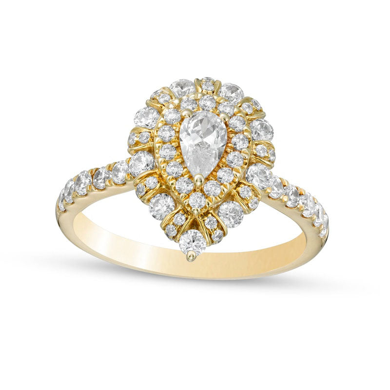 1.0 CT. T.W. Certified Pear-Shaped Natural Diamond Double Frame Engagement Ring in Solid 14K Gold (I/SI2)