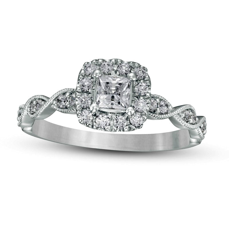 0.63 CT. T.W. Princess-Cut Natural Diamond Cushion Frame Antique Vintage-Style Engagement Ring in Solid 14K White Gold (I/I2)