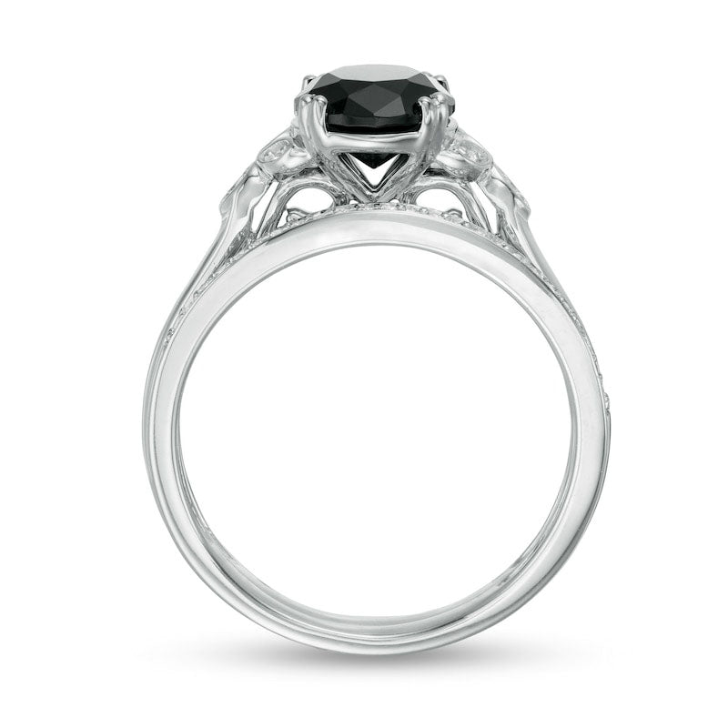 8.0mm Black Sapphire and 0.10 CT. T.W. Natural Diamond Leaf Sides Bridal Engagement Ring Set in Solid 10K White Gold