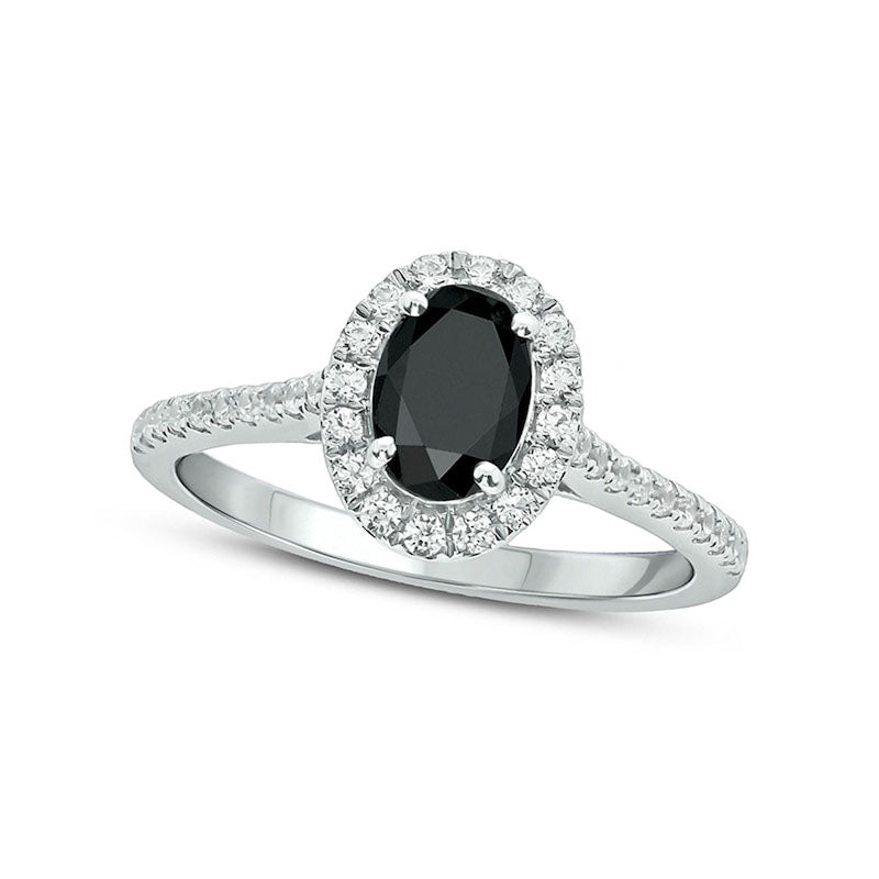 Oval Black Sapphire and 0.33 CT. T.W. Natural Diamond Frame Engagement Ring in Solid 10K White Gold