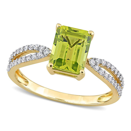 Emerald-Cut Peridot and 0.20 CT. T.W. Natural Diamond Tapered Split Shank Ring in Solid 14K Gold