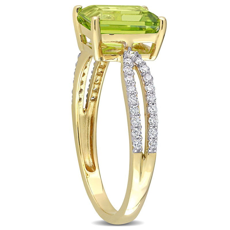 Emerald-Cut Peridot and 0.20 CT. T.W. Natural Diamond Tapered Split Shank Ring in Solid 14K Gold