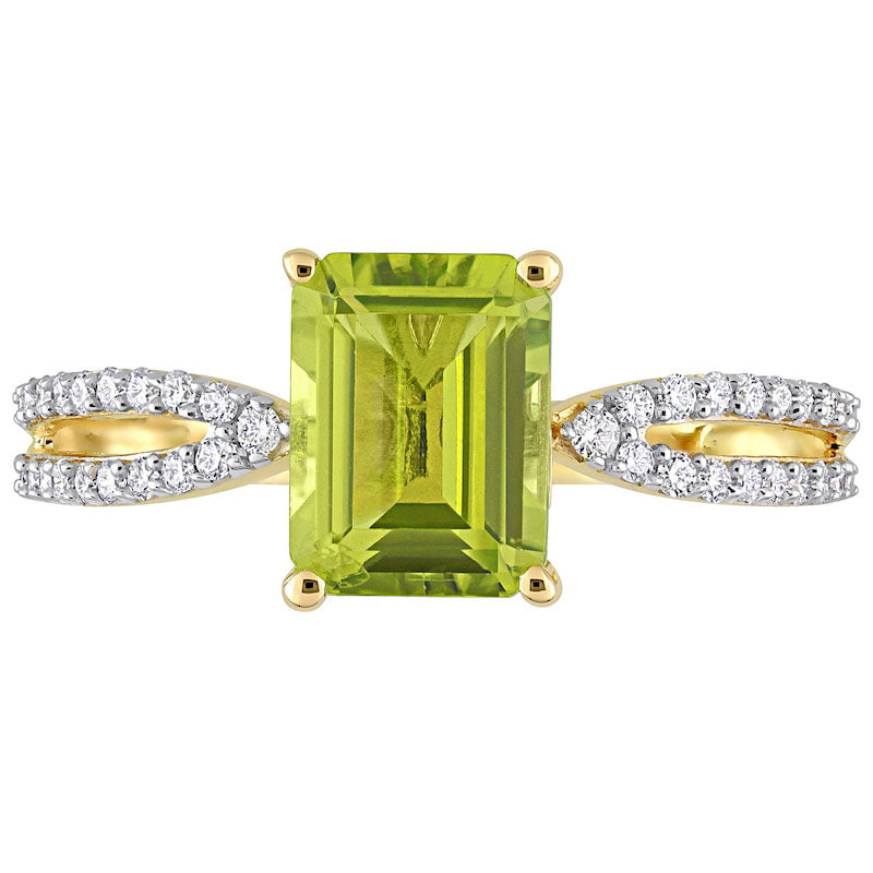 Emerald-Cut Peridot and 0.20 CT. T.W. Natural Diamond Tapered Split Shank Ring in Solid 14K Gold