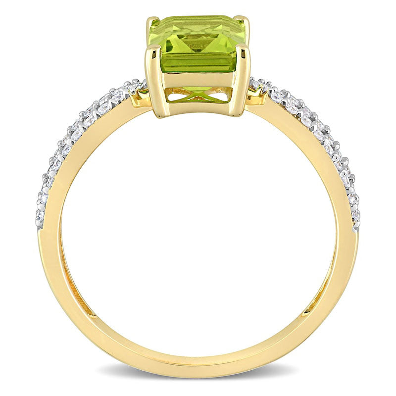 Emerald-Cut Peridot and 0.20 CT. T.W. Natural Diamond Tapered Split Shank Ring in Solid 14K Gold