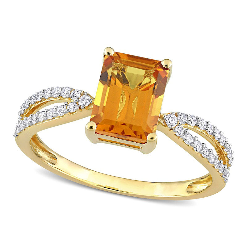 Emerald-Cut Citrine and 0.20 CT. T.W. Natural Diamond Tapered Split Shank Ring in Solid 14K Gold