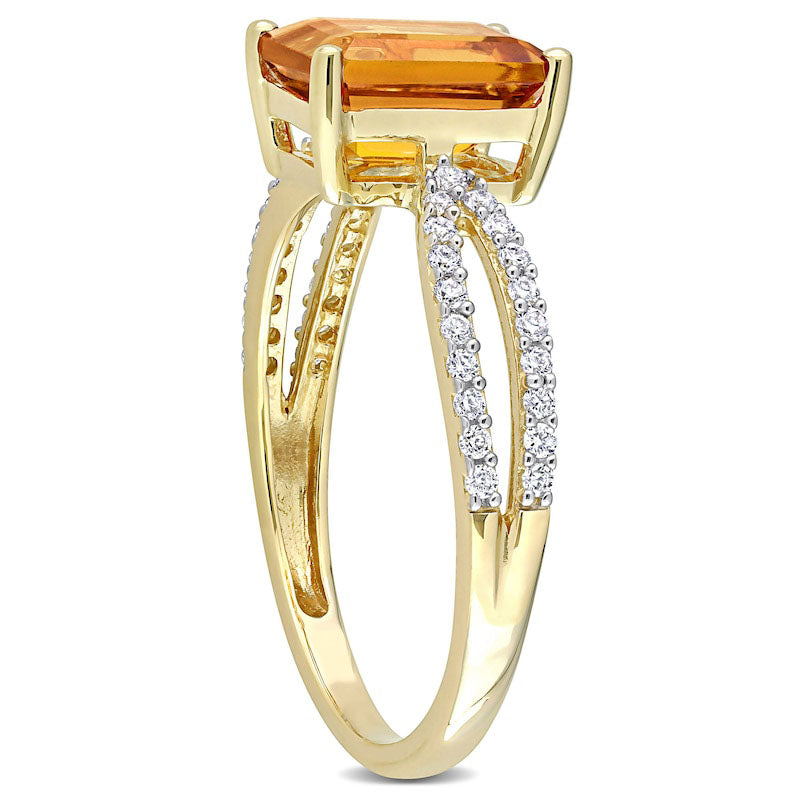 Emerald-Cut Citrine and 0.20 CT. T.W. Natural Diamond Tapered Split Shank Ring in Solid 14K Gold