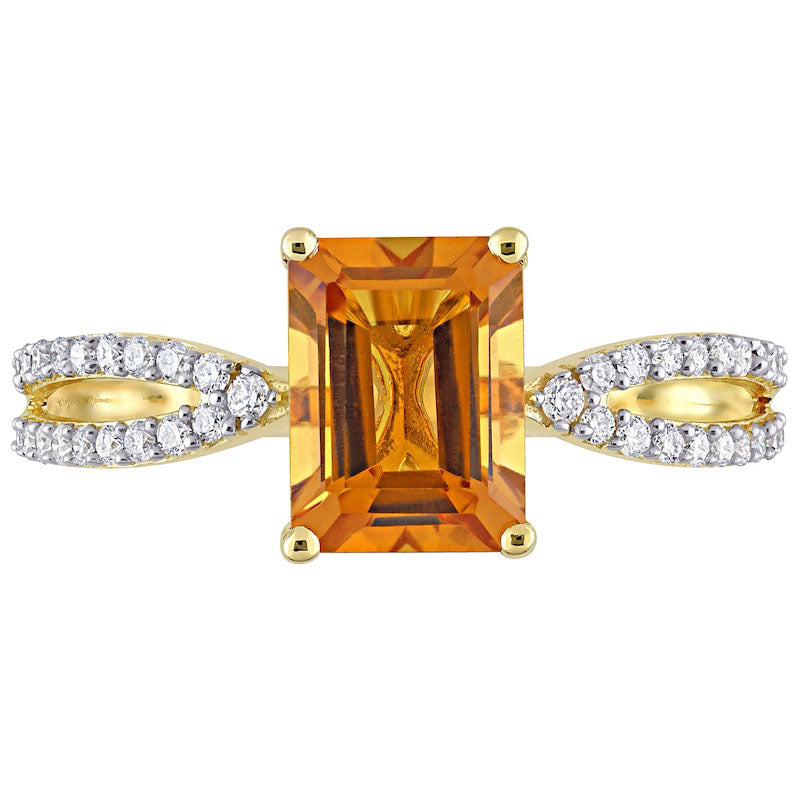 Emerald-Cut Citrine and 0.20 CT. T.W. Natural Diamond Tapered Split Shank Ring in Solid 14K Gold