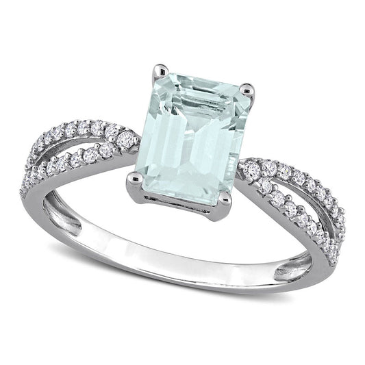 Emerald-Cut Aquamarine and 0.20 CT. T.W. Natural Diamond Tapered Split Shank Ring in Solid 14K White Gold