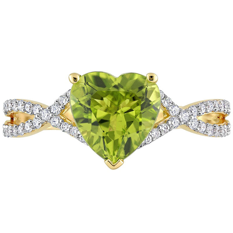 8.0mm Heart-Shaped Peridot and 0.20 CT. T.W. Natural Diamond Twist Split Shank Ring in Solid 14K Gold