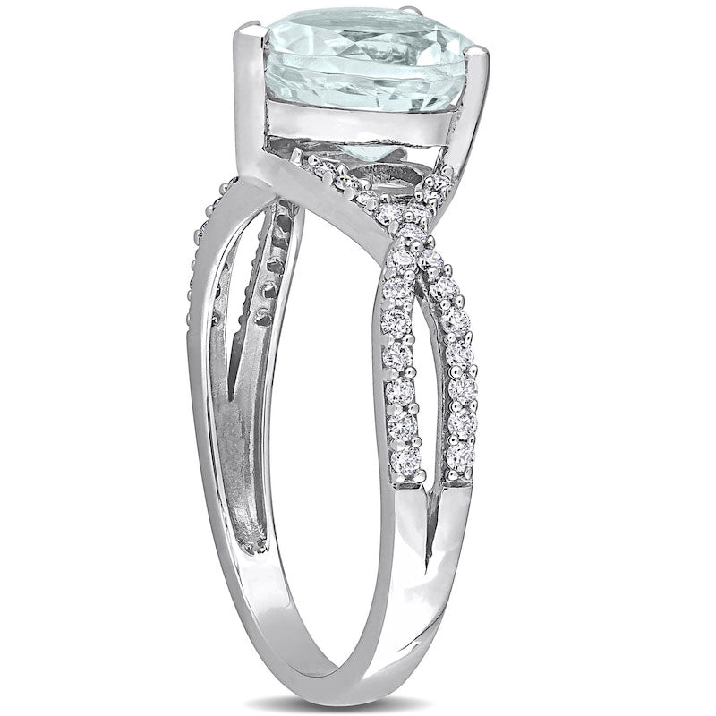 8.0mm Heart-Shaped Aquamarine and 0.20 CT. T.W. Natural Diamond Twist Split Shank Ring in Solid 14K White Gold