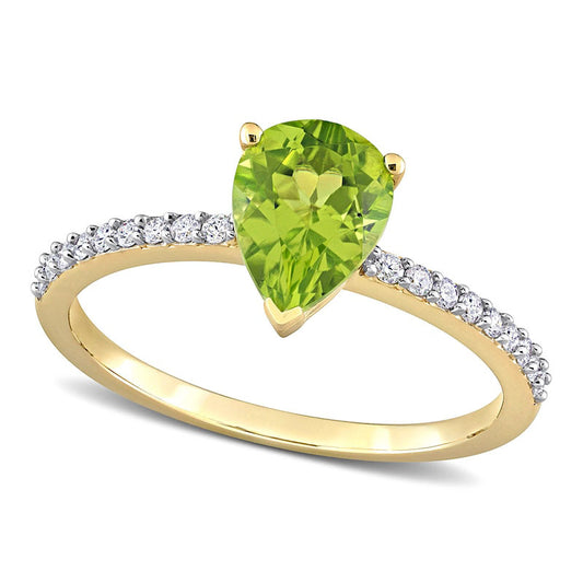 Pear-Shaped Peridot and 0.13 CT. T.W. Natural Diamond Ring in Solid 14K Gold