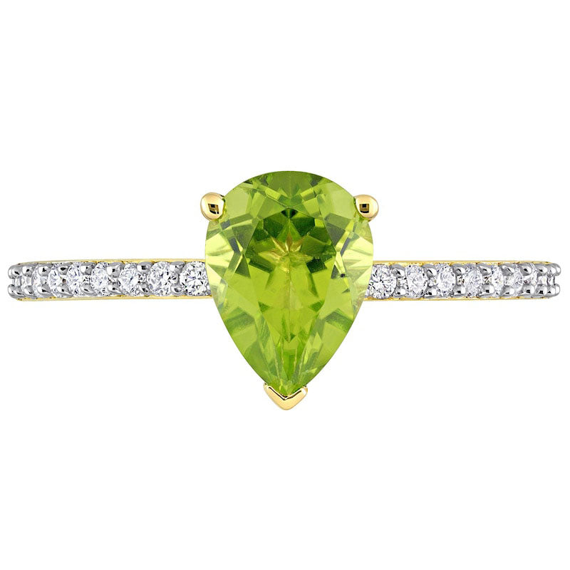 Pear-Shaped Peridot and 0.13 CT. T.W. Natural Diamond Ring in Solid 14K Gold