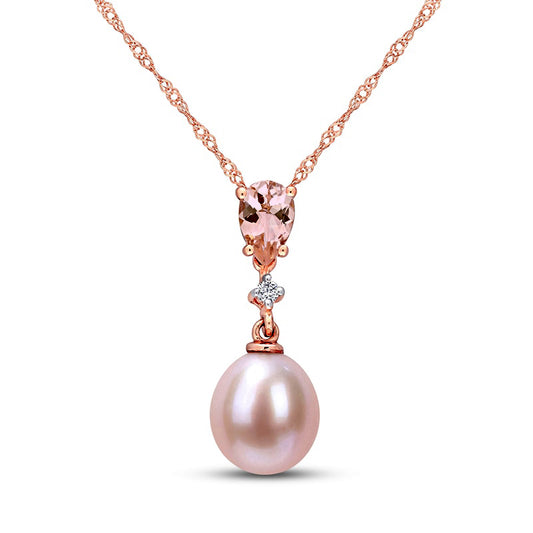 9.0-9.5mm Pink Oval Cultured Freshwater Pearl, Morganite and Natural Diamond Accent Drop Pendant in 10K Rose Gold