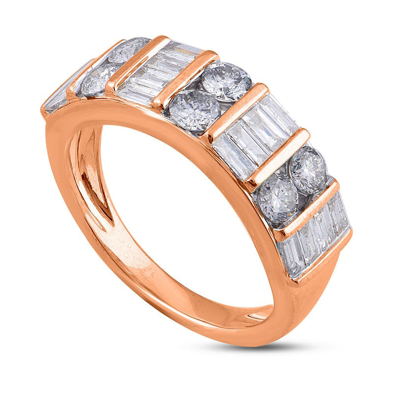 1.5 CT. T.W. Baguette and Round Natural Diamond Alternating Double Row Ring in Solid 10K Rose Gold