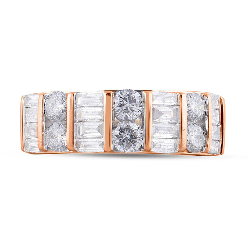 1.5 CT. T.W. Baguette and Round Natural Diamond Alternating Double Row Ring in Solid 10K Rose Gold