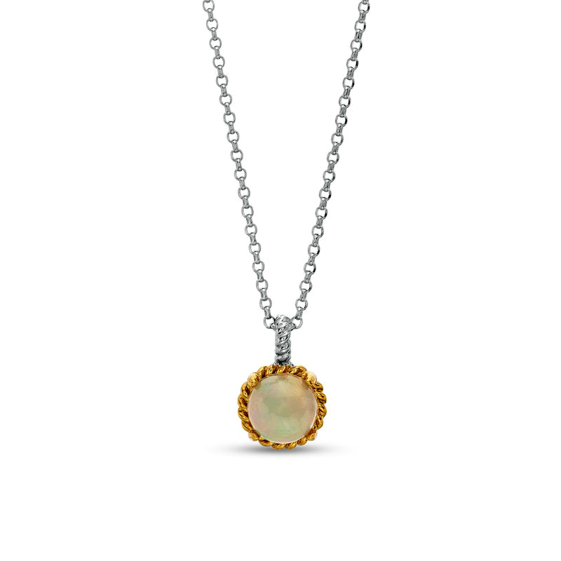 7.0mm Opal Solitaire Rope-Textured Frame and Drop Pendant in Sterling Silver and 10K Yellow Gold