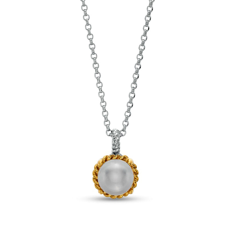 7.0-7.5mm Button Cultured Freshwater Pearl Rope-Textured Frame and Drop Pendant in Sterling Silver and 10K Yellow Gold