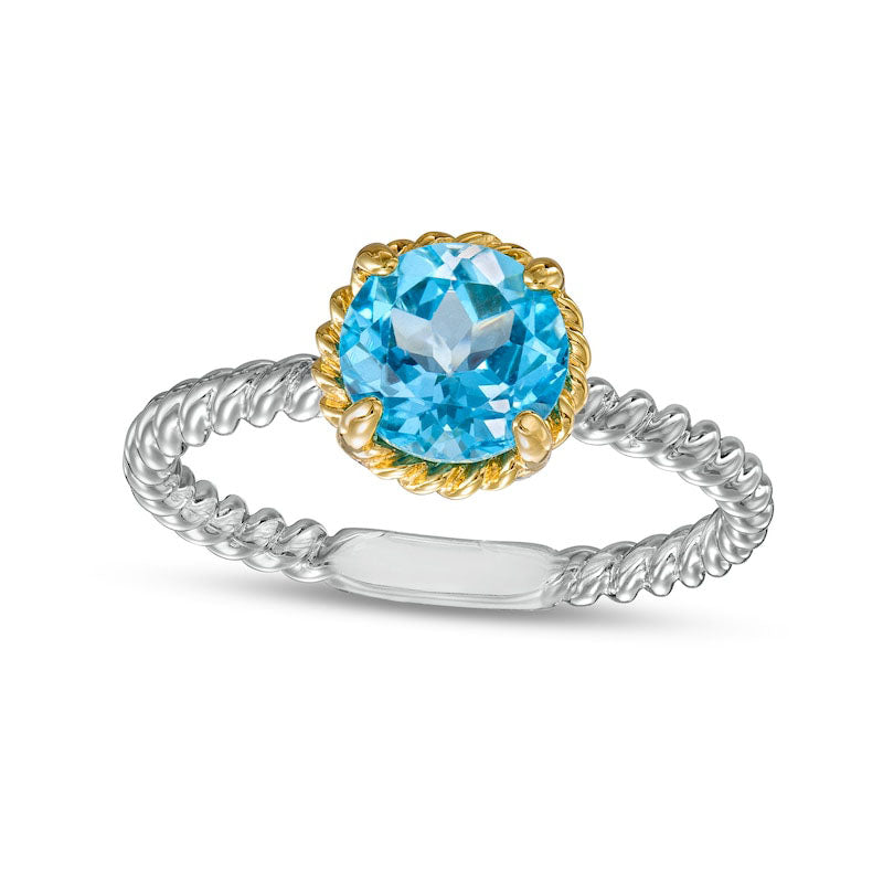 7.0mm Swiss Blue Topaz Solitaire Rope-Textured Frame and Shank Ring in Sterling Silver and Solid 10K Yellow Gold