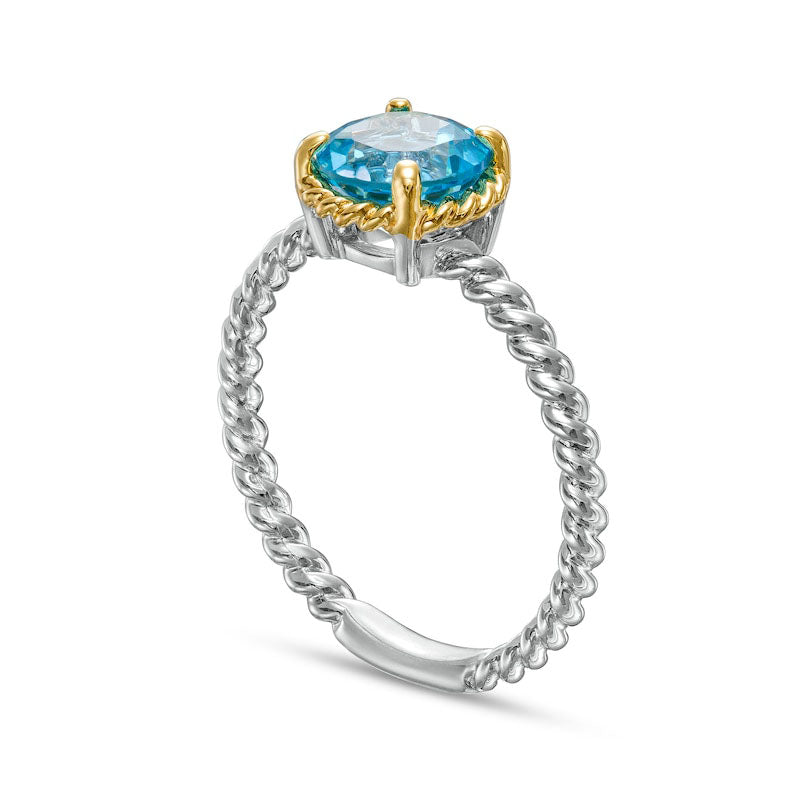 7.0mm Swiss Blue Topaz Solitaire Rope-Textured Frame and Shank Ring in Sterling Silver and Solid 10K Yellow Gold