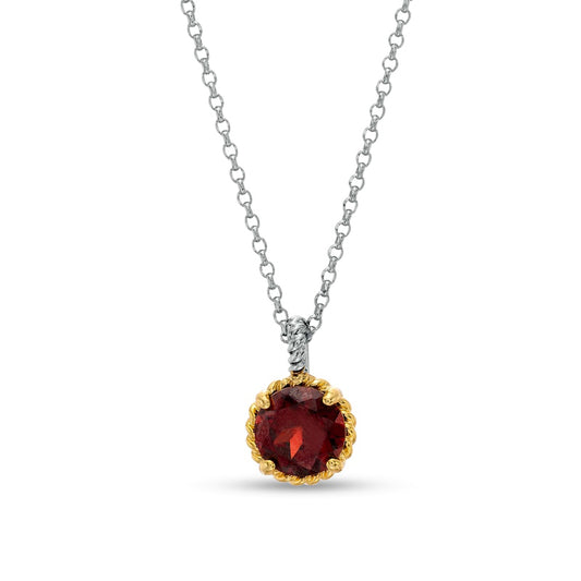 7.0mm Garnet Solitaire Rope-Textured Frame and Drop Pendant in Sterling Silver and 10K Yellow Gold