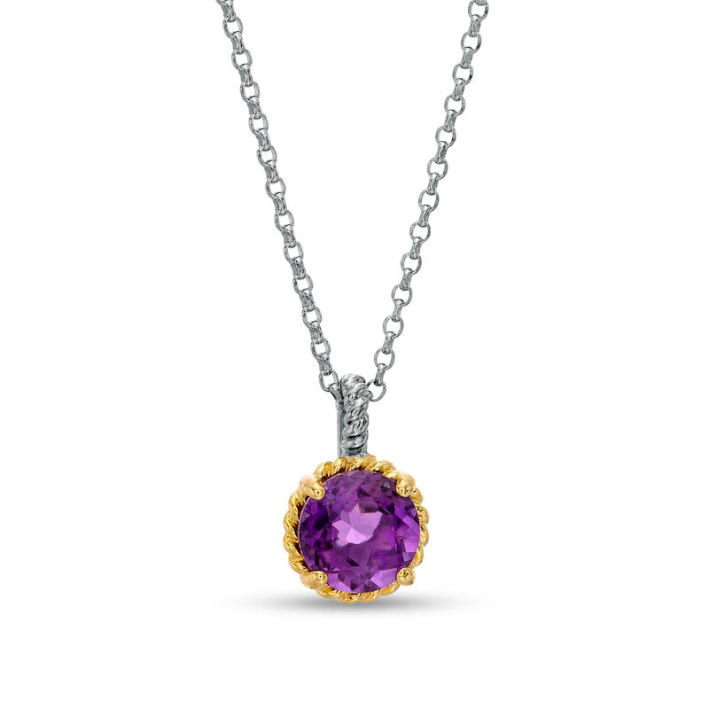 7.0mm Amethyst Solitaire Rope-Textured Frame and Drop Pendant in Sterling Silver and 10K Yellow Gold