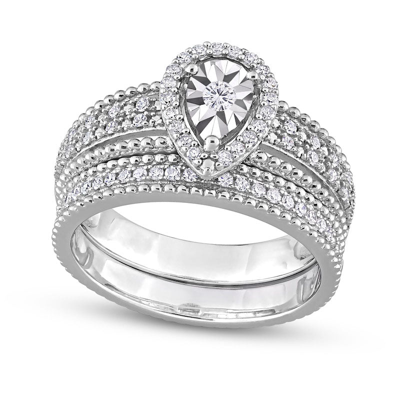 0.33 CT. T.W. Natural Diamond Pear-Shaped Frame Beaded Multi-Row Bridal Engagement Ring Set in Sterling Silver