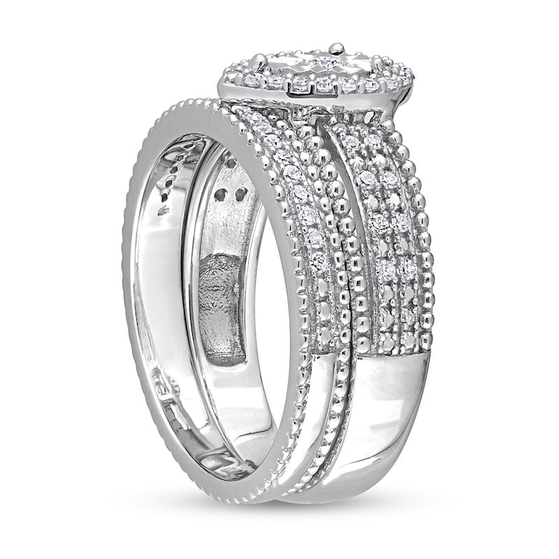 0.33 CT. T.W. Natural Diamond Pear-Shaped Frame Beaded Multi-Row Bridal Engagement Ring Set in Sterling Silver