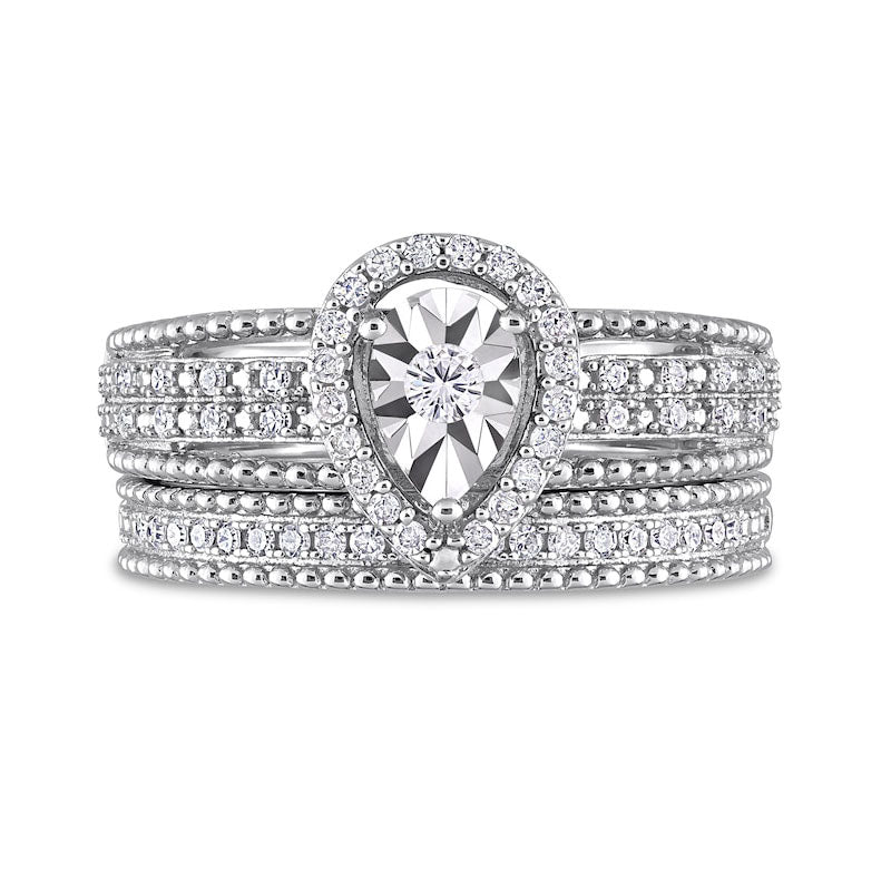 0.33 CT. T.W. Natural Diamond Pear-Shaped Frame Beaded Multi-Row Bridal Engagement Ring Set in Sterling Silver