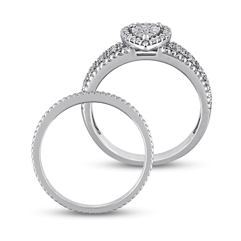 0.33 CT. T.W. Natural Diamond Pear-Shaped Frame Beaded Multi-Row Bridal Engagement Ring Set in Sterling Silver