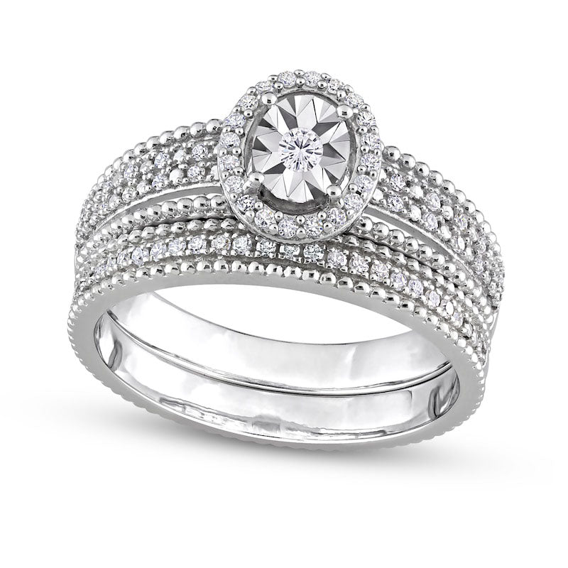 0.33 CT. T.W. Natural Diamond Oval Frame Beaded Multi-Row Bridal Engagement Ring Set in Sterling Silver