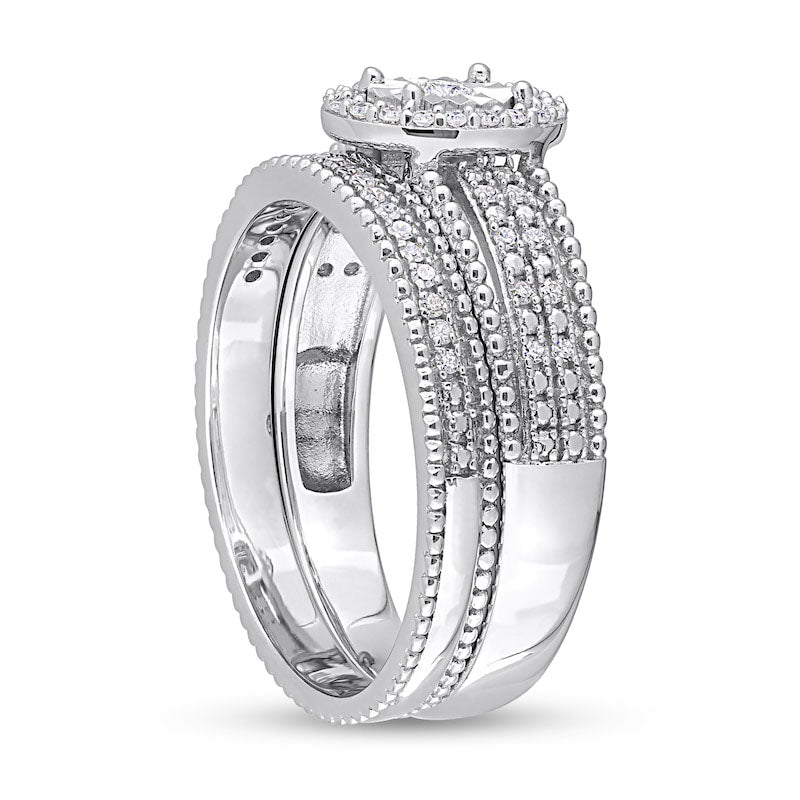 0.33 CT. T.W. Natural Diamond Oval Frame Beaded Multi-Row Bridal Engagement Ring Set in Sterling Silver