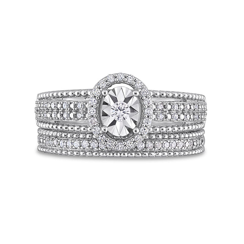 0.33 CT. T.W. Natural Diamond Oval Frame Beaded Multi-Row Bridal Engagement Ring Set in Sterling Silver