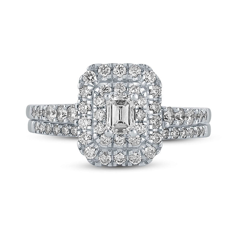 1.0 CT. T.W. Emerald-Cut Natural Diamond Frame Bridal Engagement Ring Set in Solid 10K White Gold