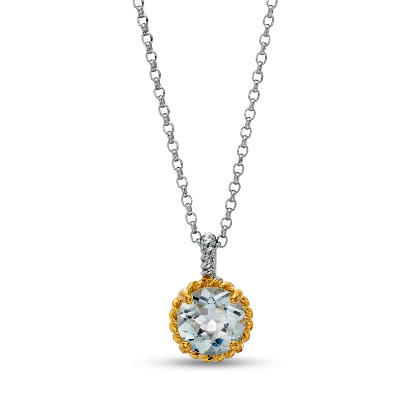 7.0mm Aquamarine Solitaire Rope-Textured Frame and Drop Pendant in Sterling Silver and 10K Yellow Gold