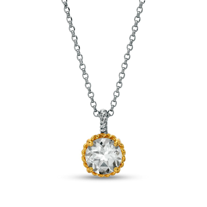 7.0mm White Topaz Solitaire Rope-Textured Frame and Drop Pendant in Sterling Silver and 10K Yellow Gold