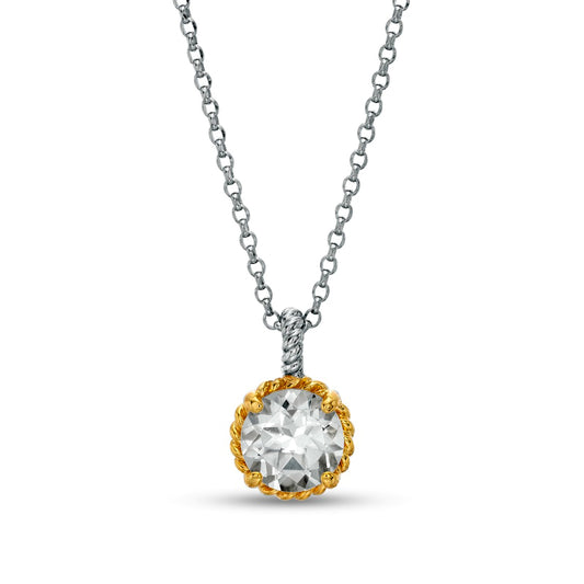 7.0mm White Topaz Solitaire Rope-Textured Frame and Drop Pendant in Sterling Silver and 10K Yellow Gold