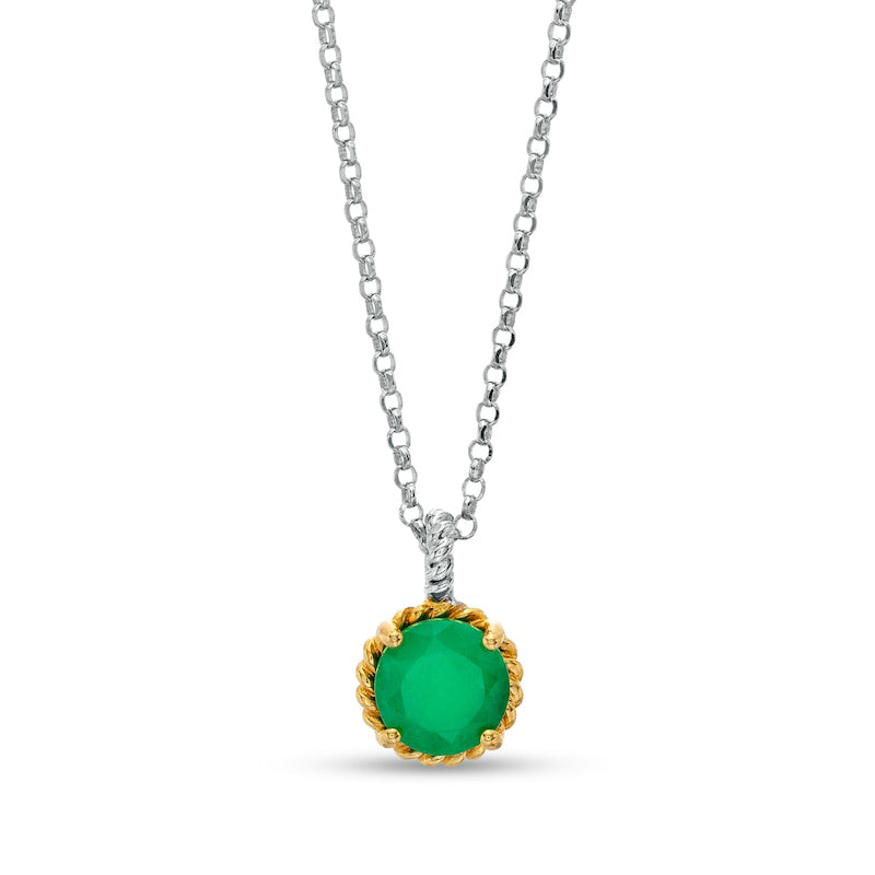 7.0mm Emerald Solitaire Rope-Textured Frame and Drop Pendant in Sterling Silver and 10K Yellow Gold