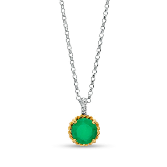 7.0mm Emerald Solitaire Rope-Textured Frame and Drop Pendant in Sterling Silver and 10K Yellow Gold