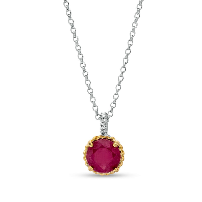 7.0mm Ruby Solitaire Rope-Textured Frame and Drop Pendant in Sterling Silver and 10K Yellow Gold