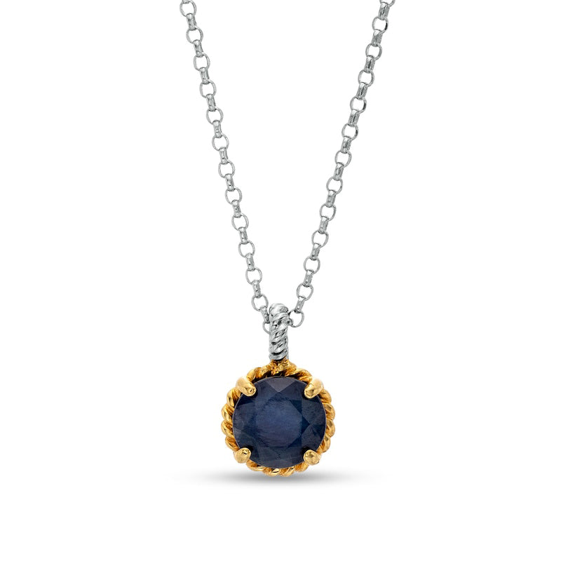 7.0mm Blue Sapphire Solitaire Rope-Textured Frame and Drop Pendant in Sterling Silver and 10K Yellow Gold